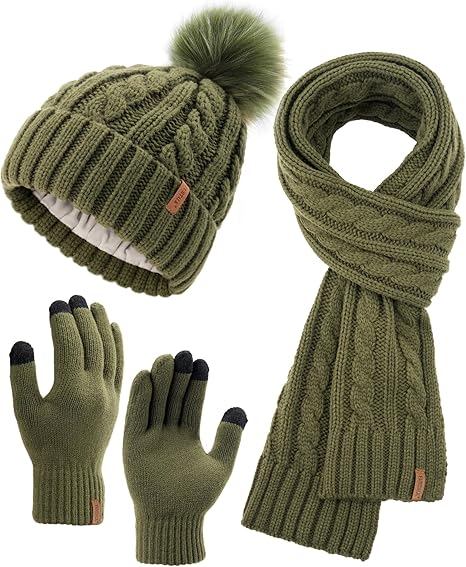 3-in-1 Women’s Winter Gift Set: Beanie Hat, Touchscreen Gloves, and Scarf – Fleece Wool